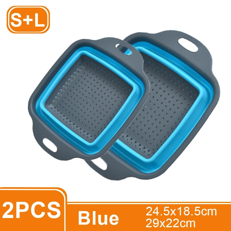 1/2PCS Foldable Dish Drainer Square Silicone Fruit Vegetable Washing Basket with Handle Multi-use Colander Kitchen Drainer