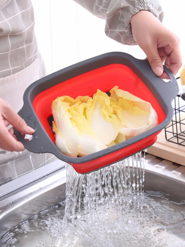 1/2PCS Foldable Dish Drainer Square Silicone Fruit Vegetable Washing Basket with Handle Multi-use Colander Kitchen Drainer