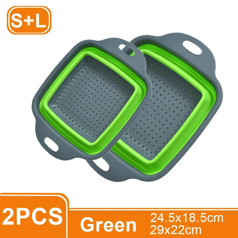 1/2PCS Foldable Dish Drainer Square Silicone Fruit Vegetable Washing Basket with Handle Multi-use Colander Kitchen Drainer