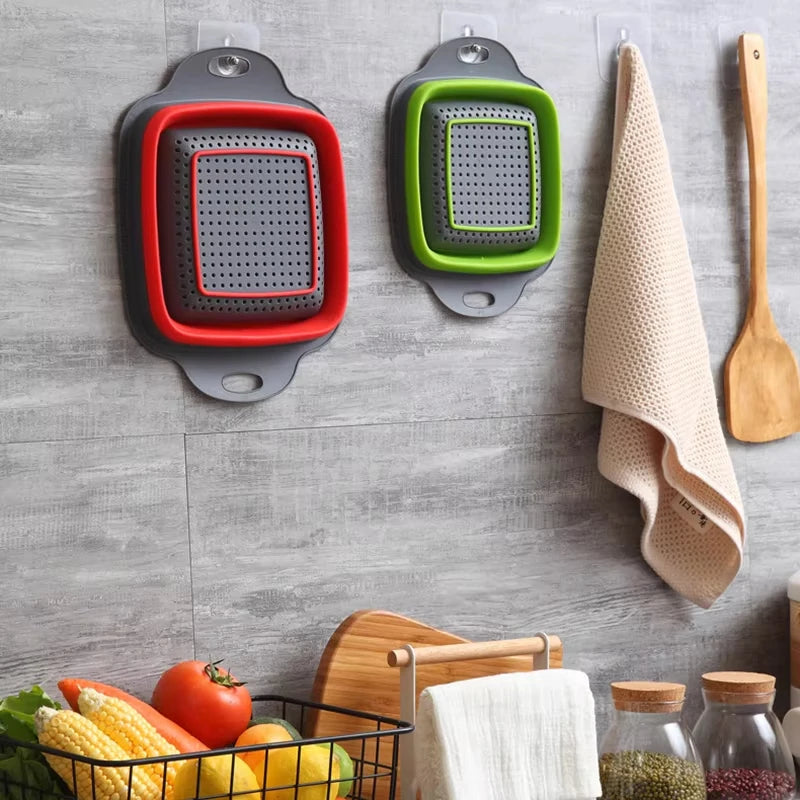 1/2PCS Foldable Dish Drainer Square Silicone Fruit Vegetable Washing Basket with Handle Multi-use Colander Kitchen Drainer
