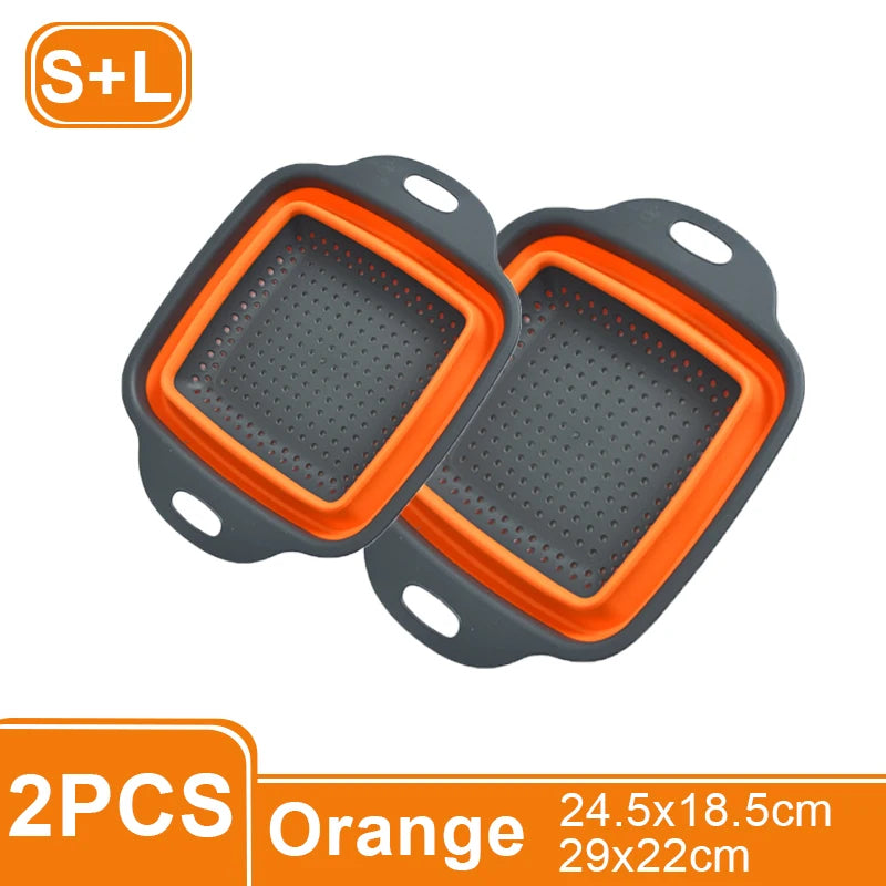 1/2PCS Foldable Dish Drainer Square Silicone Fruit Vegetable Washing Basket with Handle Multi-use Colander Kitchen Drainer
