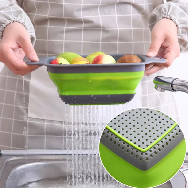 1/2PCS Foldable Dish Drainer Square Silicone Fruit Vegetable Washing Basket with Handle Multi-use Colander Kitchen Drainer