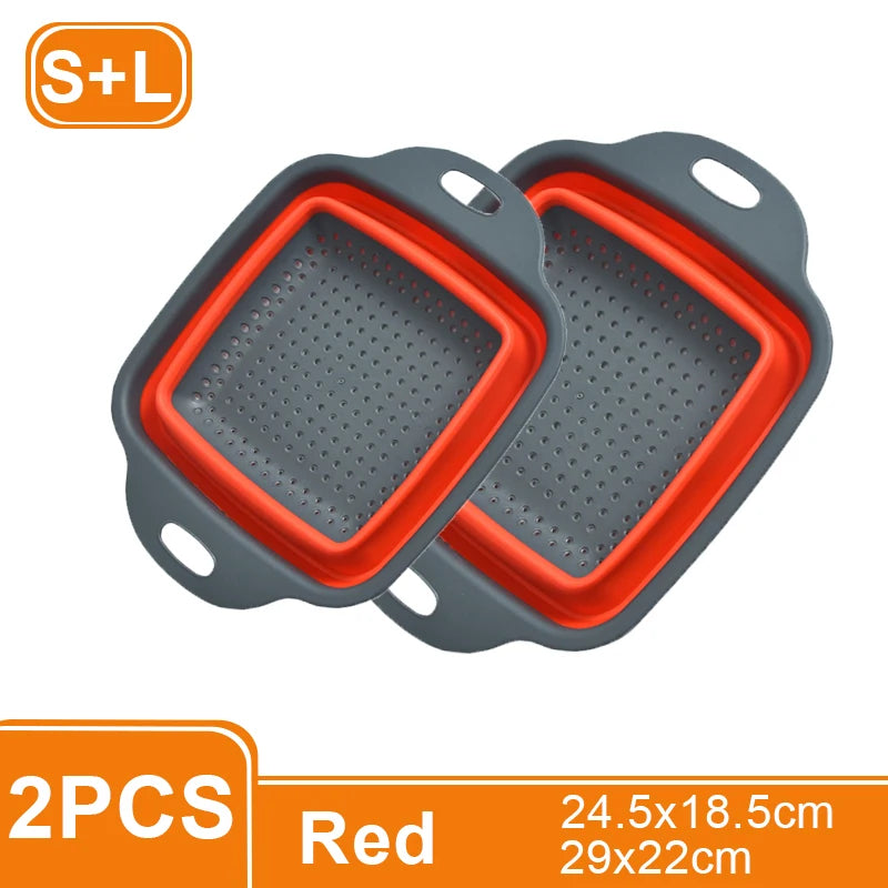 1/2PCS Foldable Dish Drainer Square Silicone Fruit Vegetable Washing Basket with Handle Multi-use Colander Kitchen Drainer
