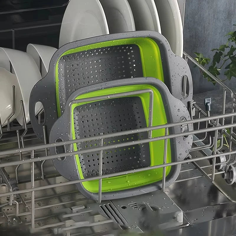 1/2PCS Foldable Dish Drainer Square Silicone Fruit Vegetable Washing Basket with Handle Multi-use Colander Kitchen Drainer