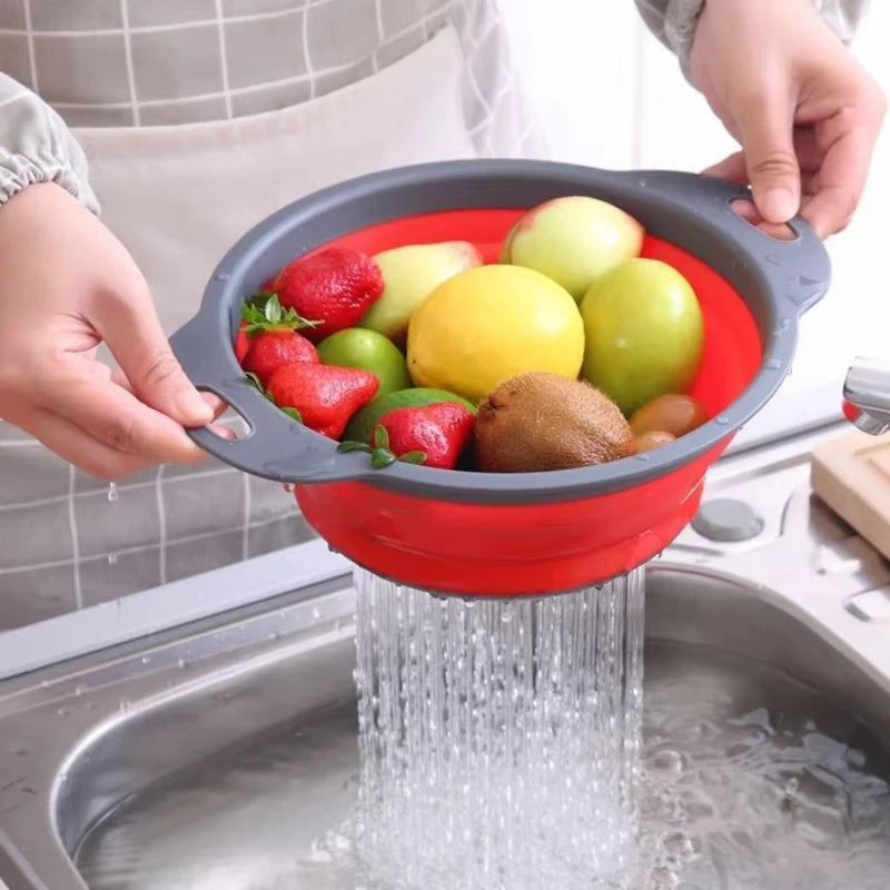 1/2PCS Foldable Dish Drainer Square Silicone Fruit Vegetable Washing Basket with Handle Multi-use Colander Kitchen Drainer