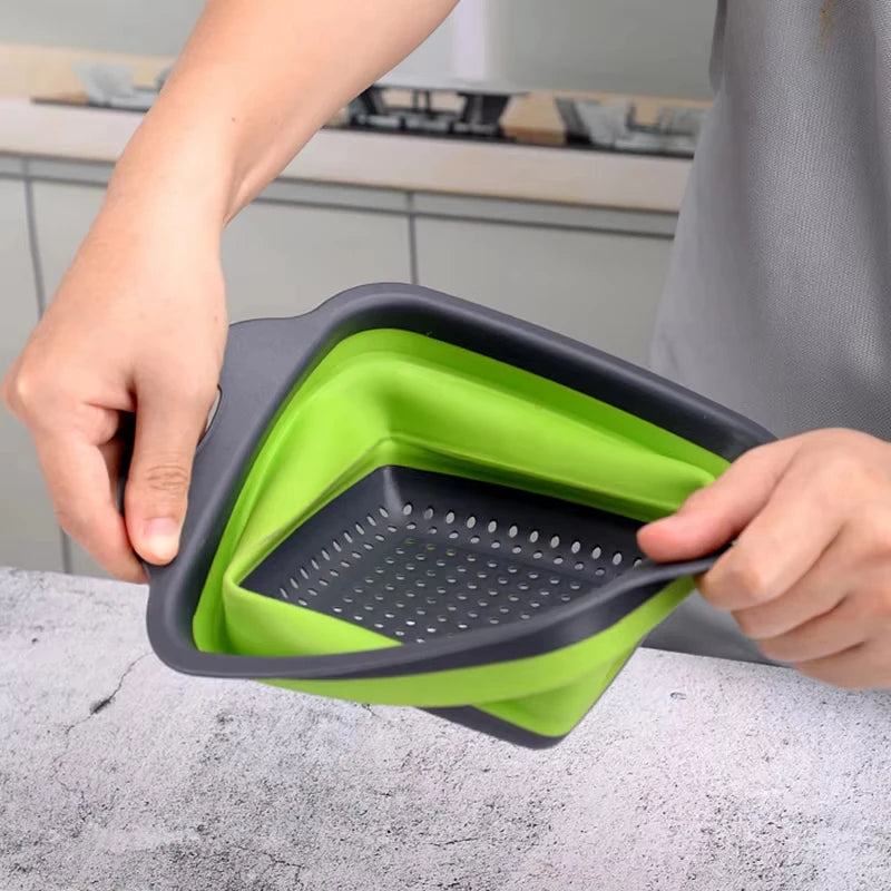 1/2PCS Foldable Dish Drainer Square Silicone Fruit Vegetable Washing Basket with Handle Multi-use Colander Kitchen Drainer